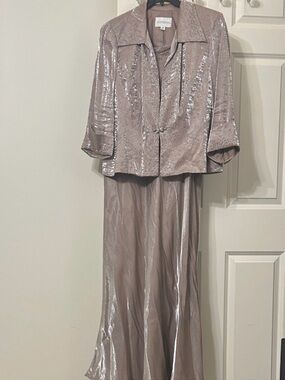 Shimmery Formal Taupe Two-Piece Evening Jacket & Gown Set
